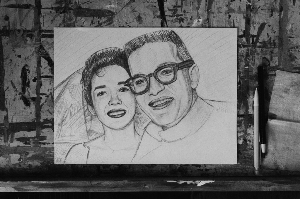 Pencil portrait of Don and Cam McElfish on their wedding day (1957)